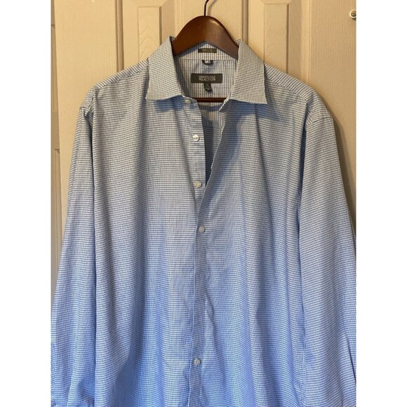 Kenneth Cole Blue White Striped Check L/S Shirt Button Down Men's XL 17.5 34-35 - Picture 3 of 4